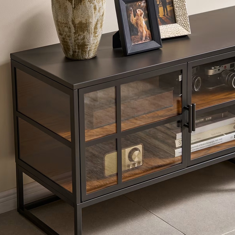 Industriel glasd&oslash;r-tv-stand med metalramme
