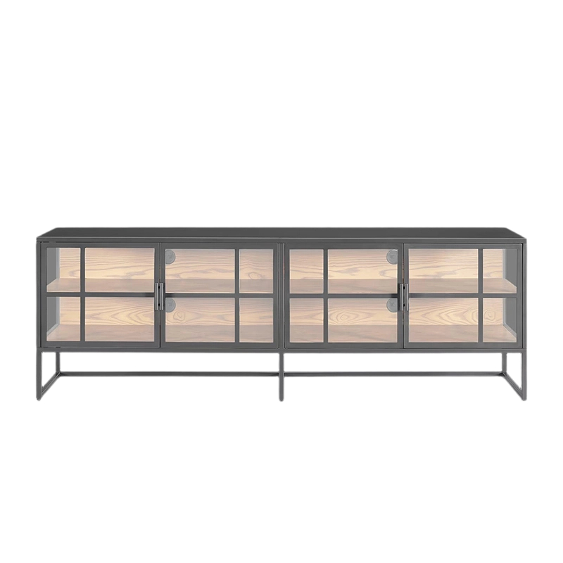 Industriel glasd&oslash;r-tv-stand med metalramme
